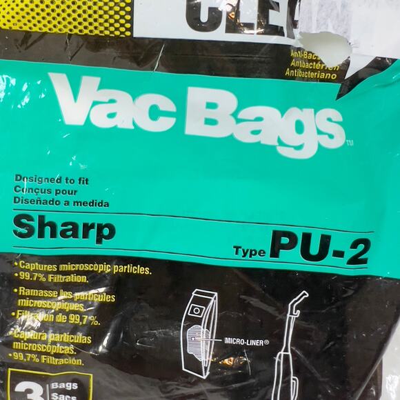 Home Care Sharp PU-2 Vacuum 3 Bags 075638009695 w MicroLiner Captures 99.7% Part - Picture 2 of 7